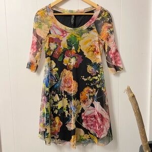 Elana Kattan USA Mesh Floral Pattern Dress Long Sleeve Flowers Lined Peony Art
